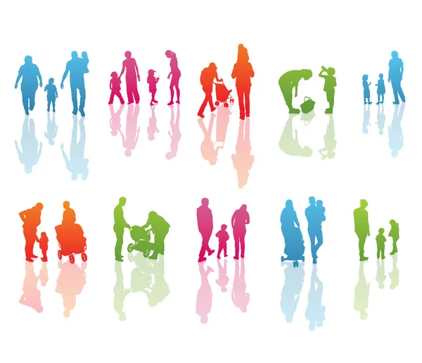 Conjunto de siluetas familiares de color: Hombres, Mujeres y Niños aislados en blanco . — Vector de stock