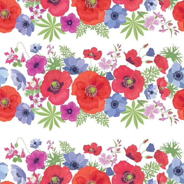 Varrás nélküli vektor virágos mintás Pipacsok, Anemones, Petunia és fukszia . — Stock Vector