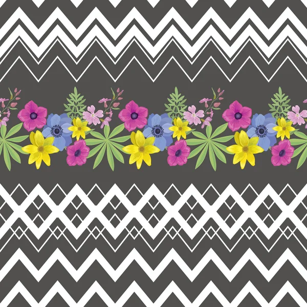 Floral Seamless Pattern with Zigzag Stripes . — Stock Vector