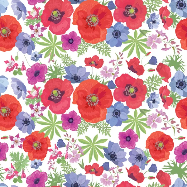 Patrón floral vectorial sin costuras con amapolas y anémonas — Vector de stock