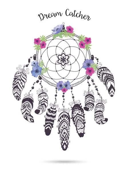 Indián indiai talizmán Dreamcatcher, toll és virágok. — Stock Vector