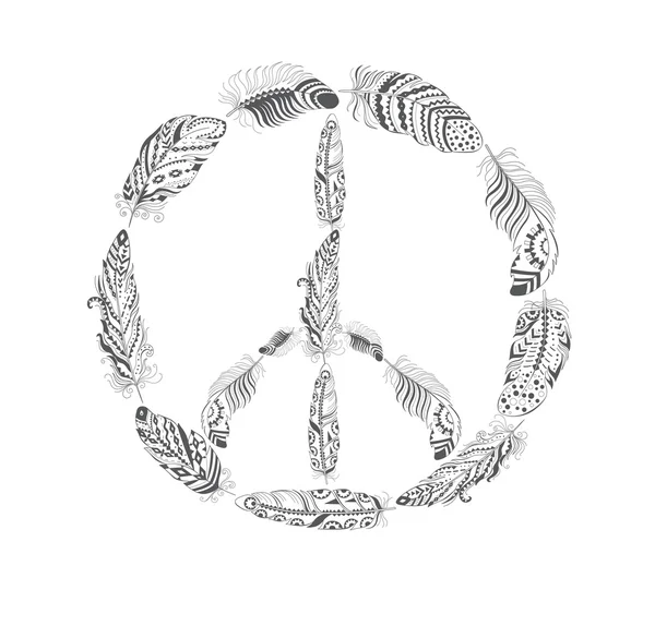 Peace Hippie Symbol with Feather in Boho Style. — Stock Vector