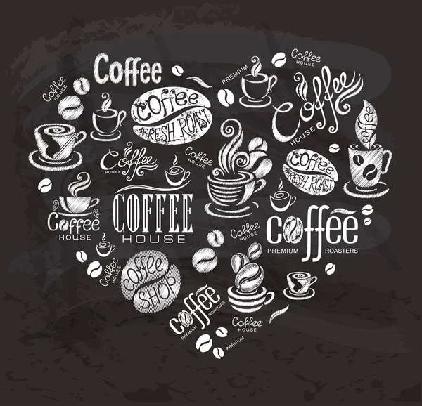 Koffie etiketten. Design elementen op het schoolbord. — Stockvector