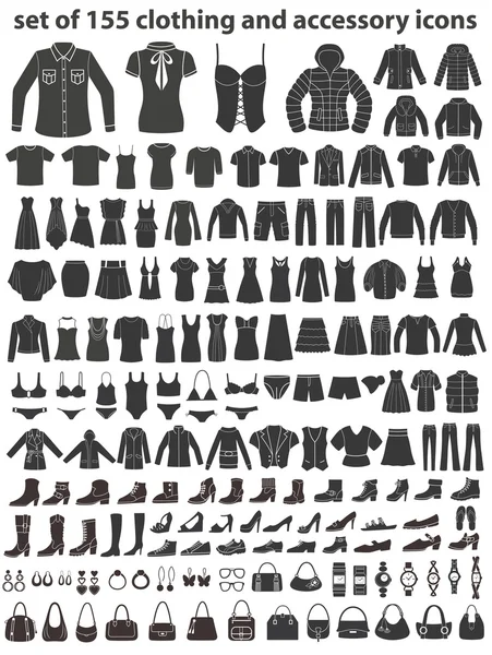 155 simgeler kümesi: Giyim, Ayakkabı ve aksesuarları. Kadın ve erkek moda.