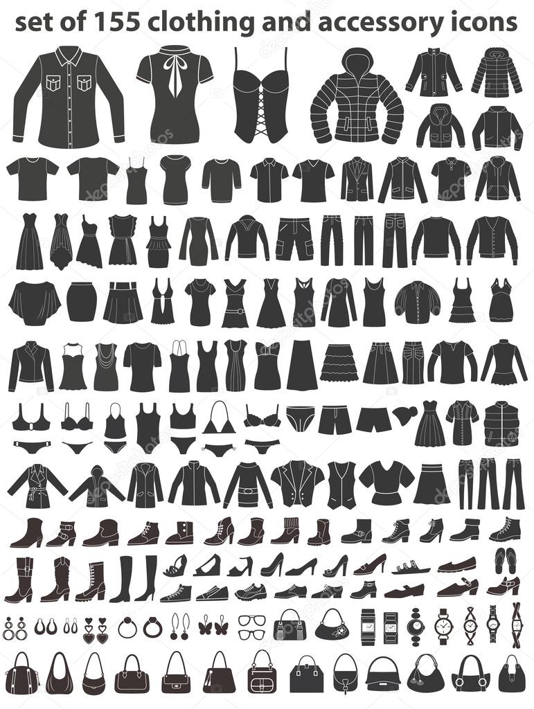 Set of 155 icons: clothing, shoes and accessories. Women's and Men's fashion.