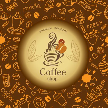 Kahve ve çay karalamalar arka plan. Kahve amblemi.