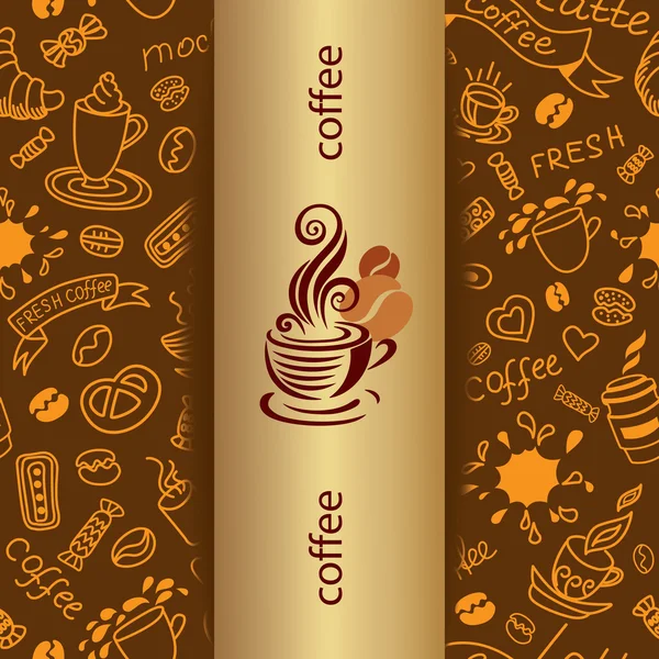 Kaffee und Tee Doodles Hintergrund. Kaffee-Emblem. — Stockvektor