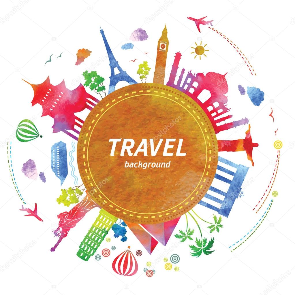 Travel background with watercolor effect. Vector.