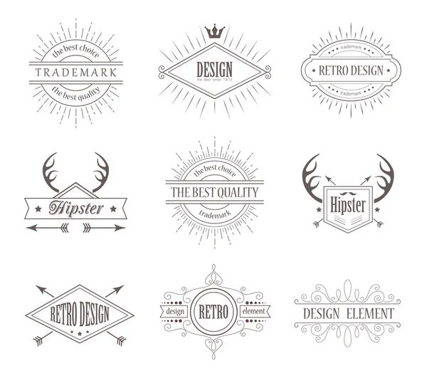 Uppsättning av Vintage Labels. Linje emblem, ramar, märken för företag. Hipster Design Elements. Gränser mot Sunburst. — Stock vektor