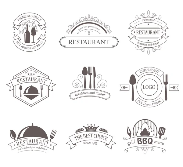 Vintage dekorasyon etiket kümesi. Retro tarzı tasarım çerçeveler Restoran, Barbekü, yiyecek, içecek. — Stok Vektör