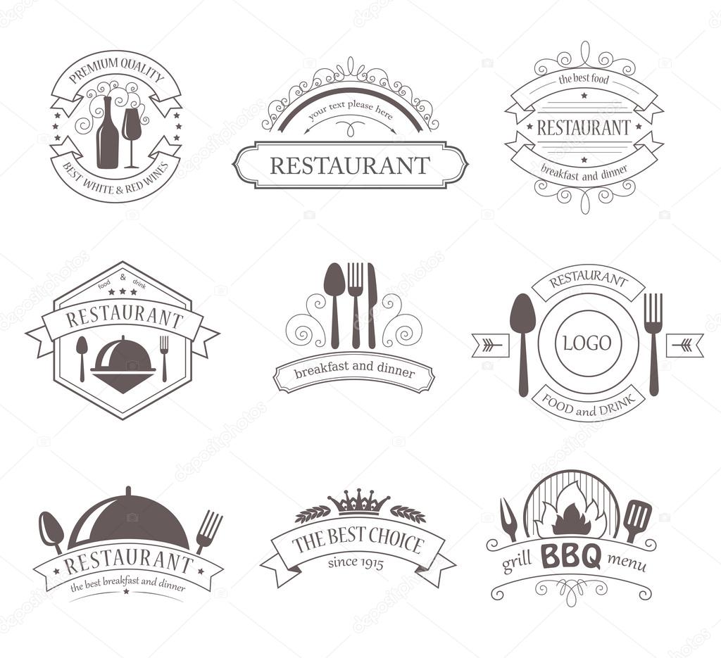 Set of Vintage Decorations Labels. Retro Style Design Frames for Restaurant, Barbecue, Food, Drink.