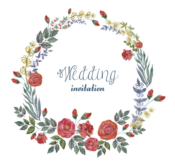 Corona Vector Acuarela con Rosas y Hierbas. Marco floral para boda, invitación, día de San Valentín . — Vector de stock