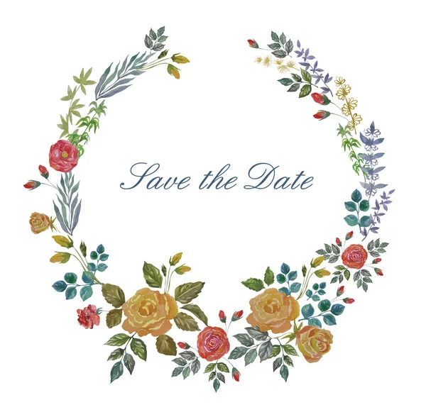 Векторный акварельный венок с розами и травами. Цветочный фон для свадьбы, приглашения, Валентинов день . — стоковый вектор