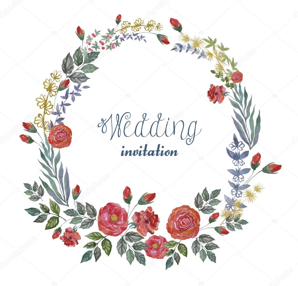 Vector Watercolor Wreath with Roses and Herbs. Floral Frame for Wedding, Invitation, Valentine's Day.