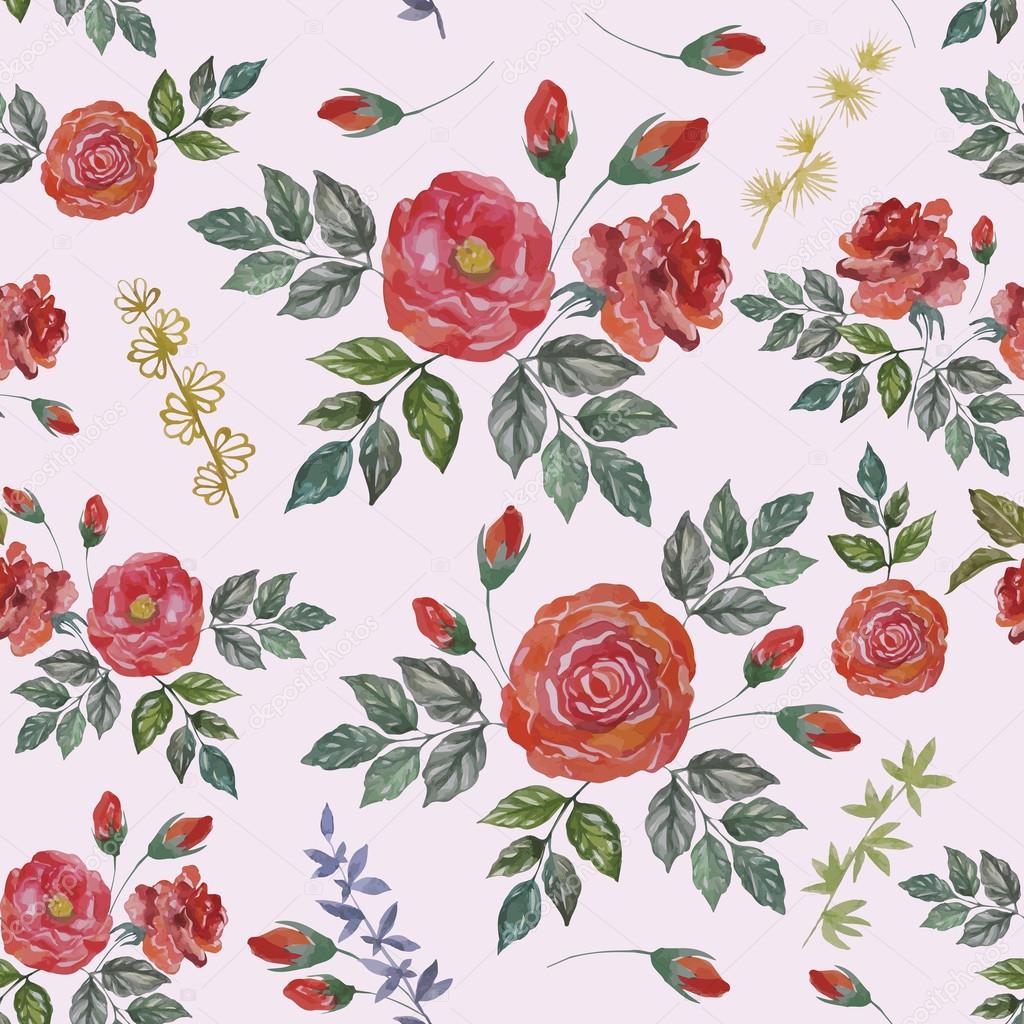 Seamless Watercolor Pattern with Red Roses. Vector Fabric Background.