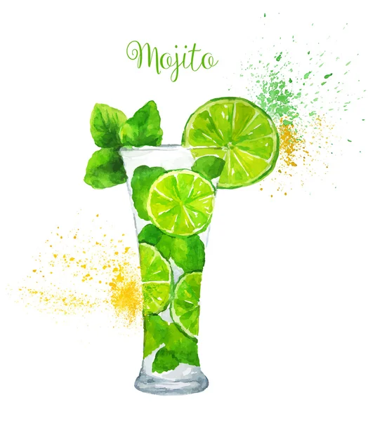 Watercolor Mojito Cocktail on the White Background. — Stock Vector
