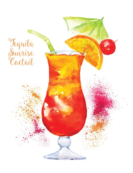 Watercolor Tequila Sunrise Cocktail in Glass with Orange Slice Isolated on White Background. — Stock Vector