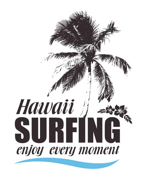 Tropical Print with Palm y Hibiscus para camiseta. Banner Hawaiano para Surf . — Archivo Imágenes Vectoriales