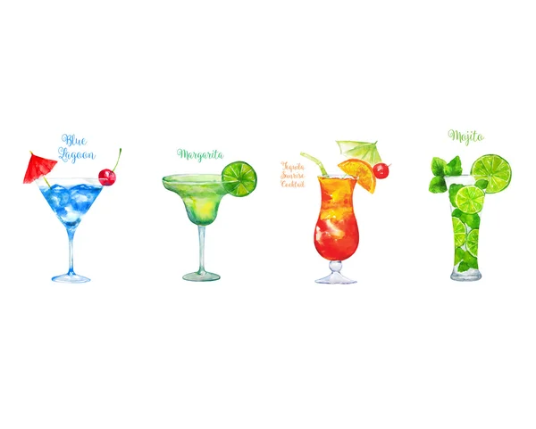 Set de Cócteles de Acuarela: Laguna Azul, Margarita, Tequila Amanecer en Vidrio con Rebanada Naranja Aislado sobre Fondo Blanco . — Vector de stock