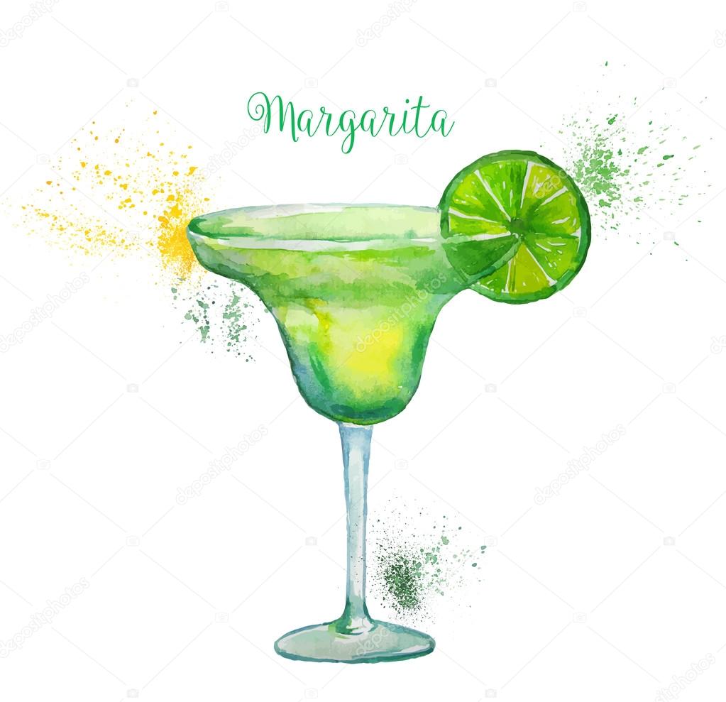 Watercolor Margarita Cocktail in Glass with Lime Slice Isolated on White Background.