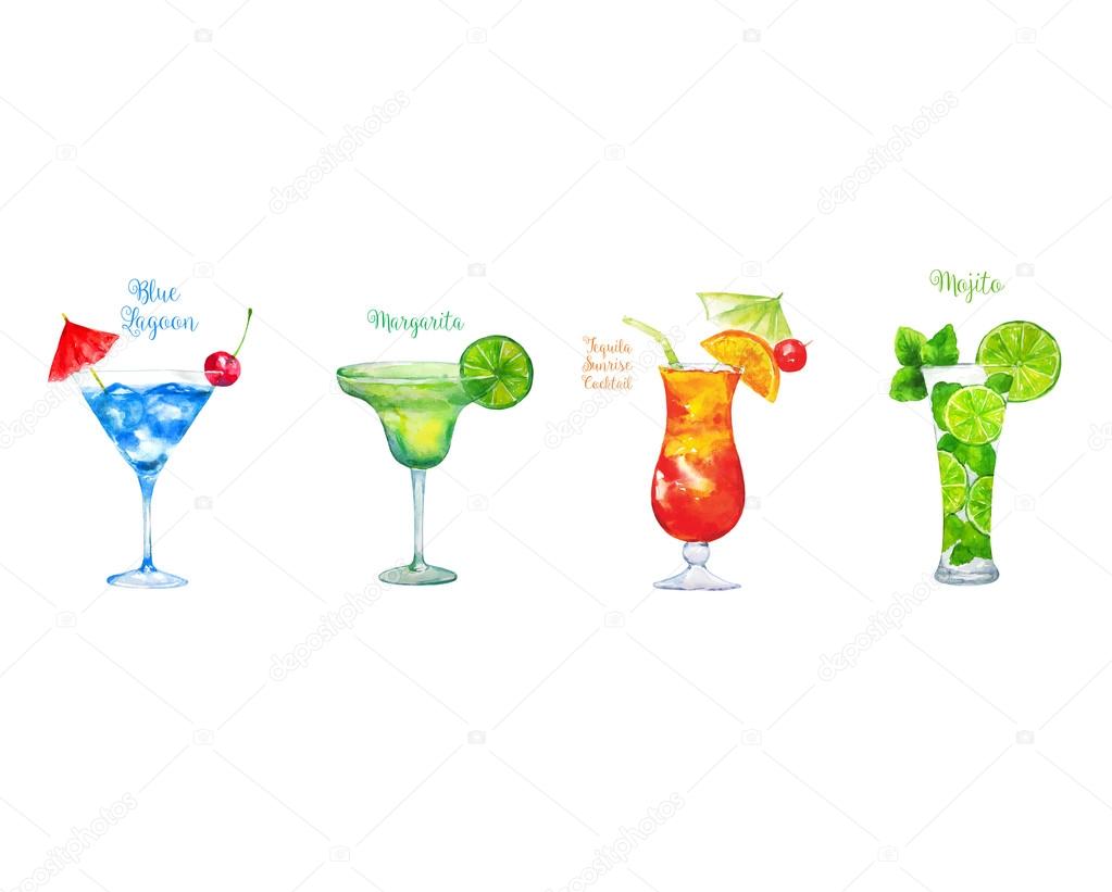 Set of Watercolor Cocktails: Blue Lagoon,Margarita , Tequila Sunrise in Glass with Orange Slice Isolated on White Background.