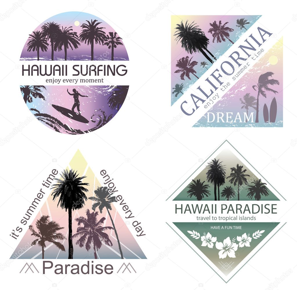 Set of Exotic Nature Landscapes with Palms for T-shirt. Summer Travel and Vacation Backgrounds .
