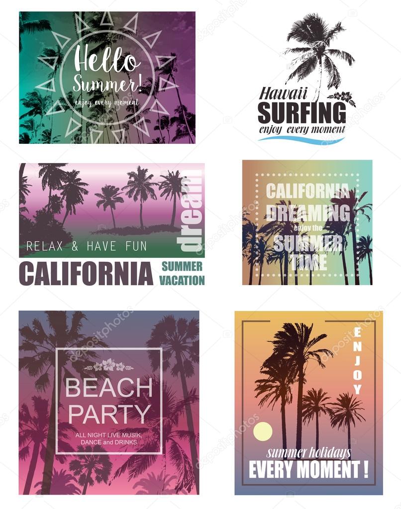 Set of Exotic Print with Palms for T-shirt. Summer Travel and Vacation Backgrounds . Nature Landscapes.