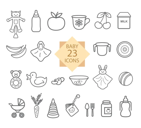 Baby uitrusting. Set van lijn pictogrammen: speelgoed, voeding, eten, serviesgoed. — Stockvector