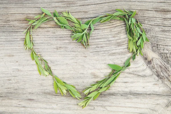 Hjärtat av gröna blad på en trä bakgrund. Älskar bakgrund. — Stockfoto