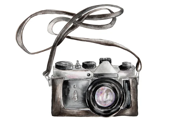 Beyaz arka plan üzerinde izole el çekilmiş suluboya fotoğraf makinesi.