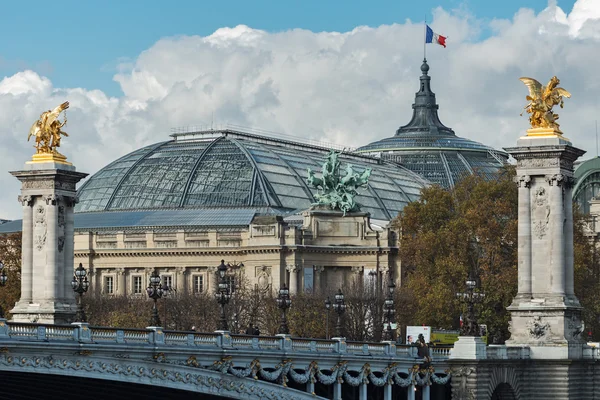 Alexander Iii bron och Grand Palace i Paris Royaltyfria Stockfoton