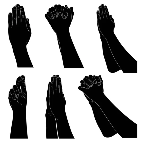 Set Different Praying Hands Silhouettes Isolated White — Stock Vector