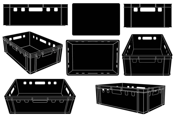 Műanyag Gyümölcs Zöldségrekeszek Halmaza Különböző Pozíciókban Fehér Alapon Elkülönítve — Stock Vector