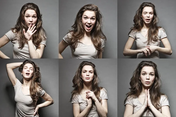 Collage van vrouw verschillende gezichtsuitdrukkingen — Stockfoto