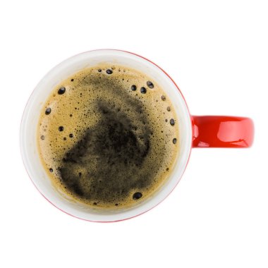 Kırmızı kupa kahve ile. Yukarıdan görüntülemek.