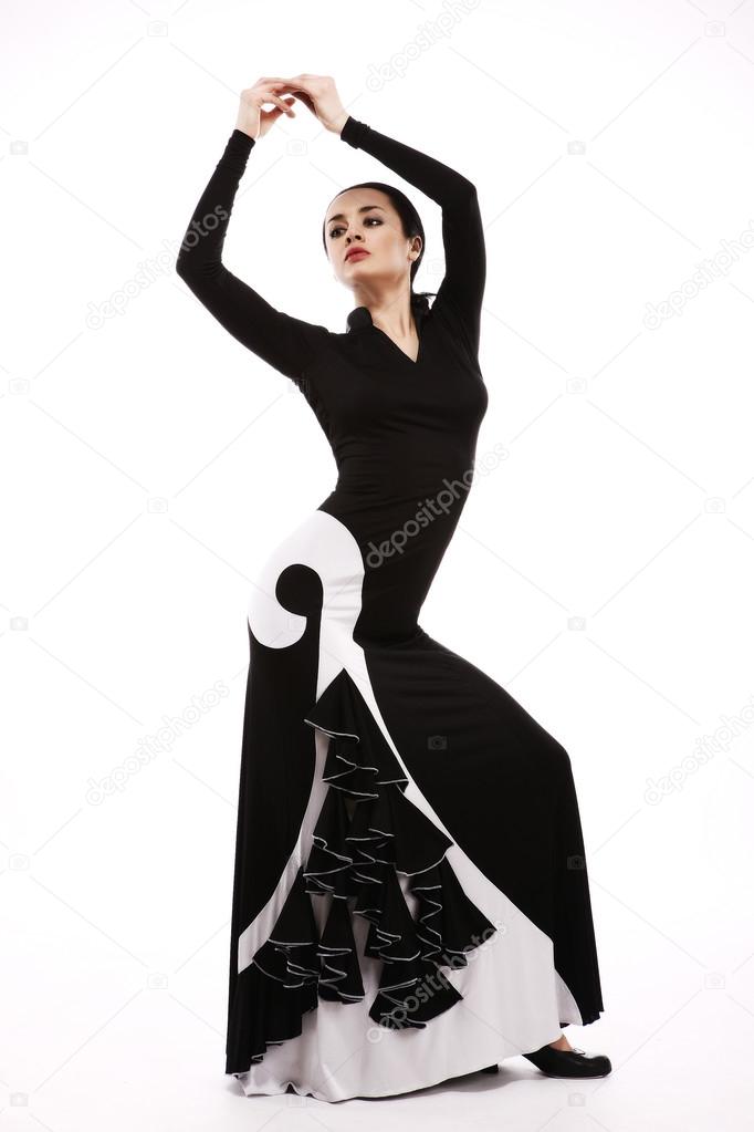Young woman performing salsa dance with passion, isolated on whi