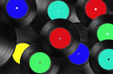 Boş etiketli eski vinil kayıtlarından soyut renk arkaplanı