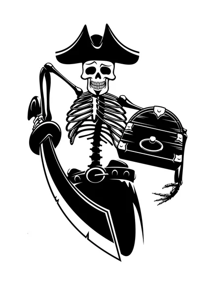 Pirate skeleton with treasures and sword — Stock Vector