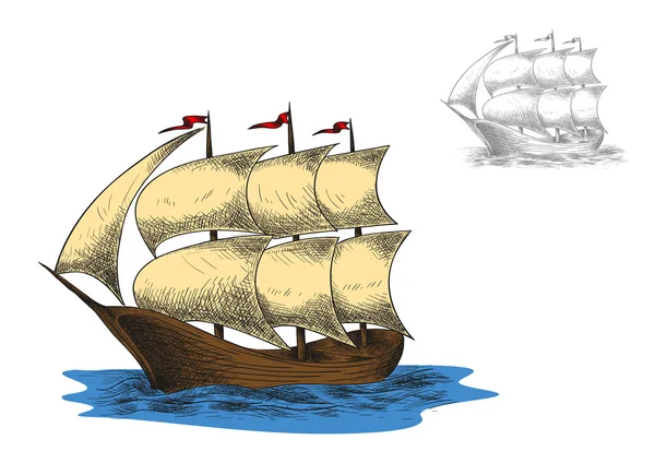 Barco antiguo de tres mástiles velero — Archivo Imágenes Vectoriales