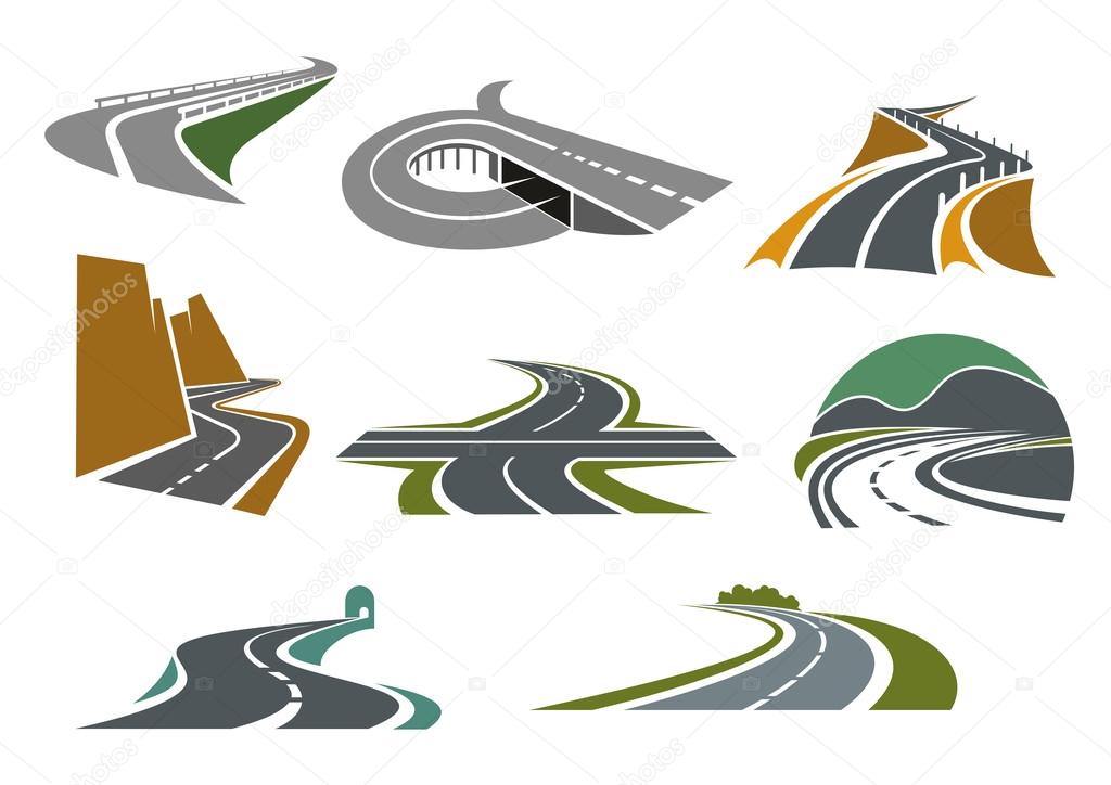 Transportation emblems and traveling symbols design with crossroad, highway with ramp, mountain roads, tunnel, rural bypass freeway icons