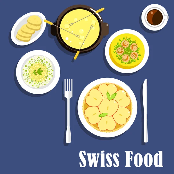 Swiss cuisine dishes and cheese fondue — 스톡 벡터