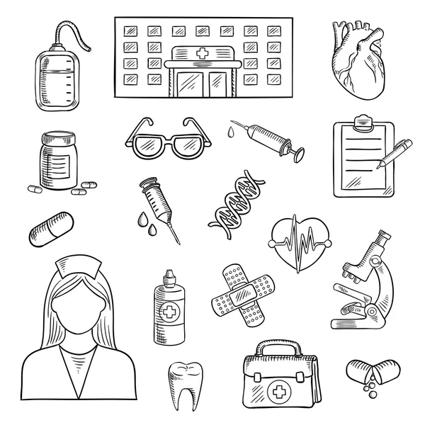 Hôpital et médecine croquis objets — Image vectorielle