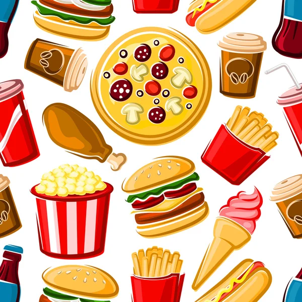 Seamless pattern of fast food dishes and drinks — Stock Vector