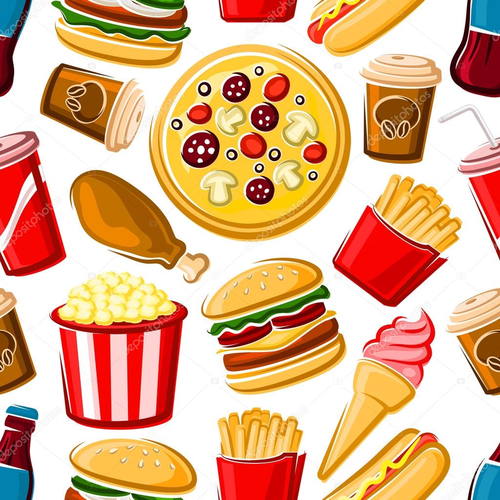 Seamless pattern of fast food dishes and drinks