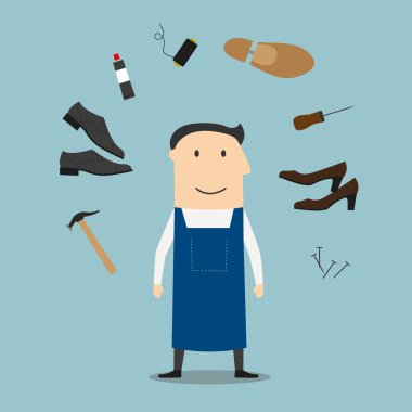 Shoemaker with tools and shoes
