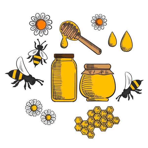 Apicultura e iconos de la miel de granja — Vector de stock