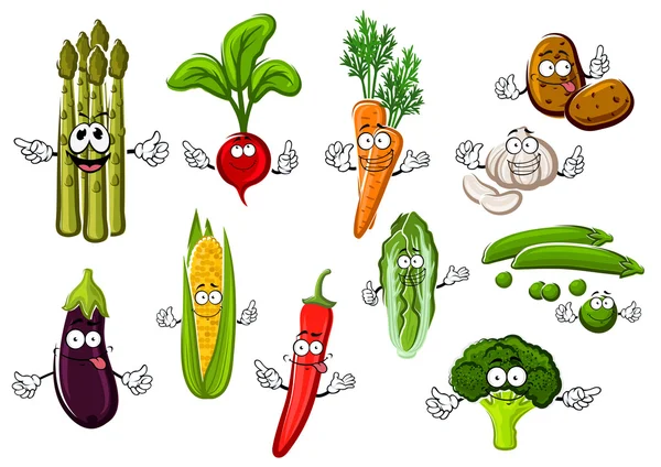 Feliz granja verduras personajes de dibujos animados — Vector de stock