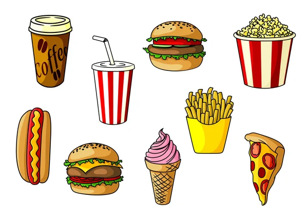 Snacks, postres y bebidas de comida rápida — Vector de stock