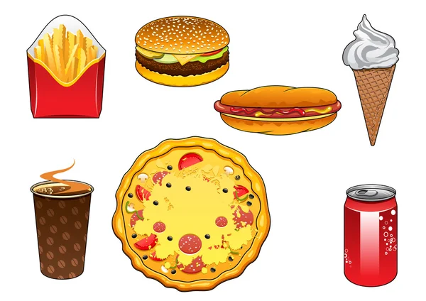 Snacks de comida rápida, lata de refrescos y helado — Archivo Imágenes Vectoriales