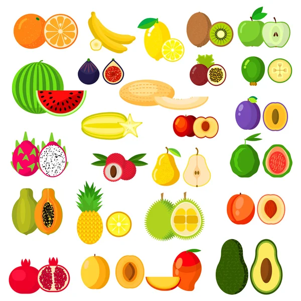 Flat whole and halves of fruits — Stock Vector